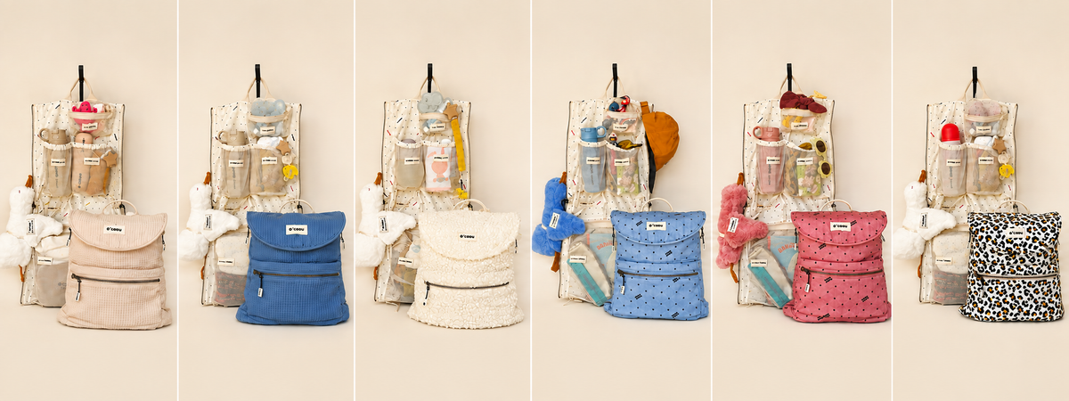 Six organiseurs O'CAOU suspendus, chacun avec son sac assorti posé en dessous