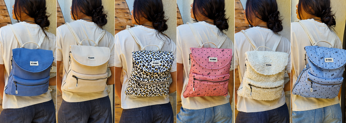Six femmes de dos portent le sac O'CAOU, un coloris différent pour chacune