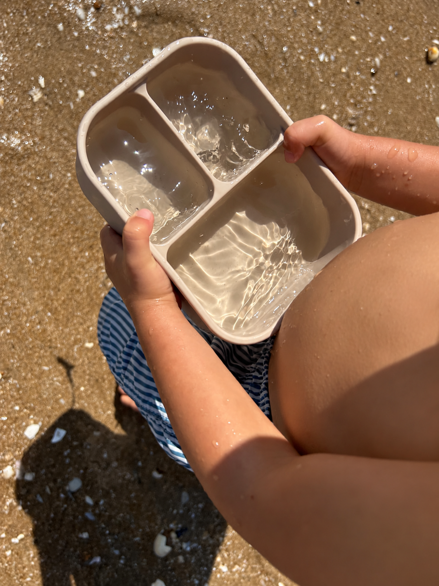 Lunch box rincée à l'eau, tenue à la main