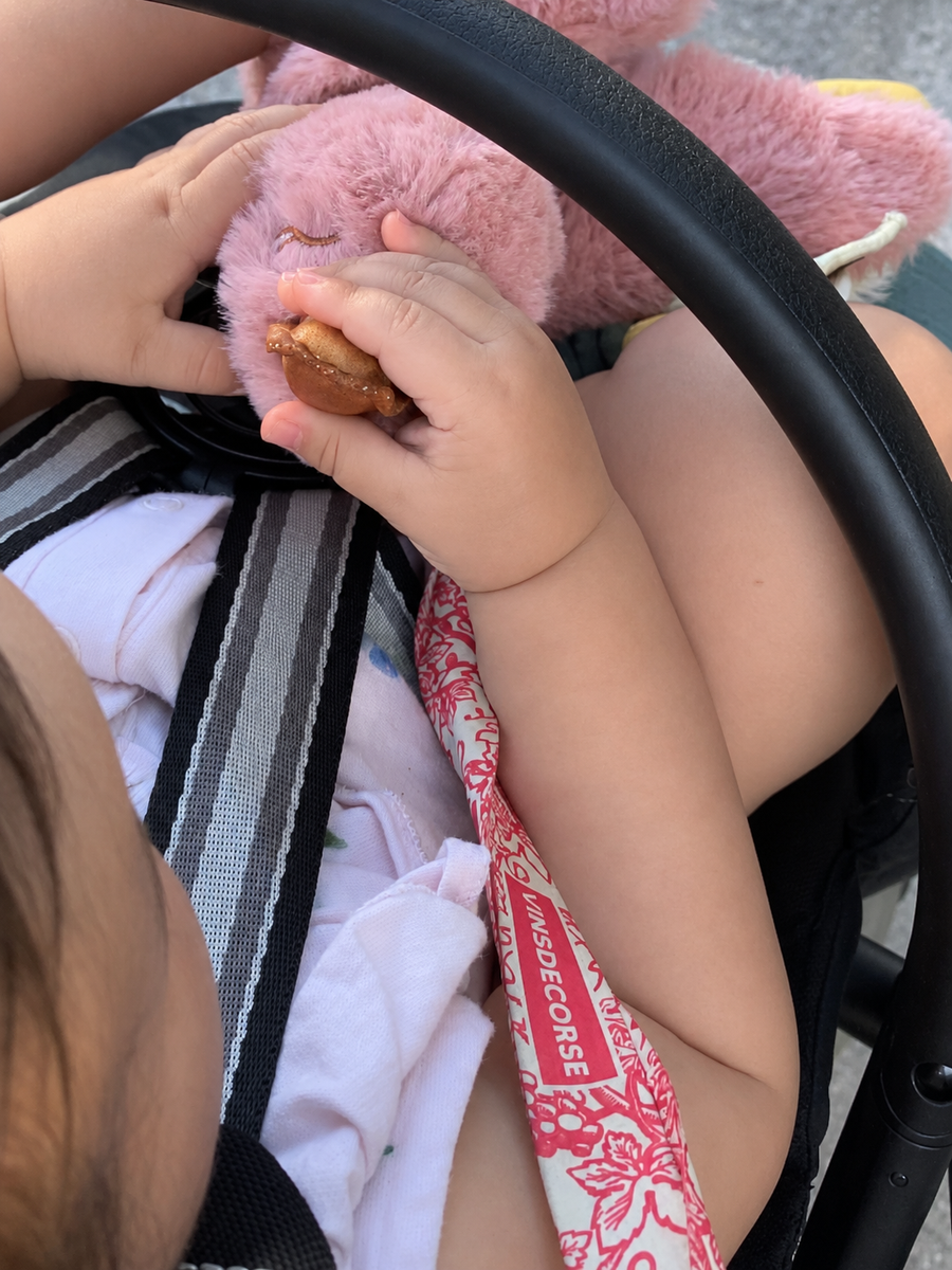 Enfant debout qui attrape un doudou rose à deux mains