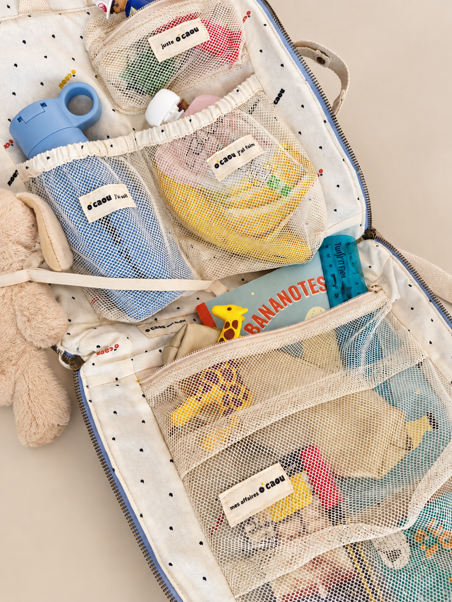 Sac à langer déplié à plat : poches transparentes étiquetées, gourde et affaires de bébé